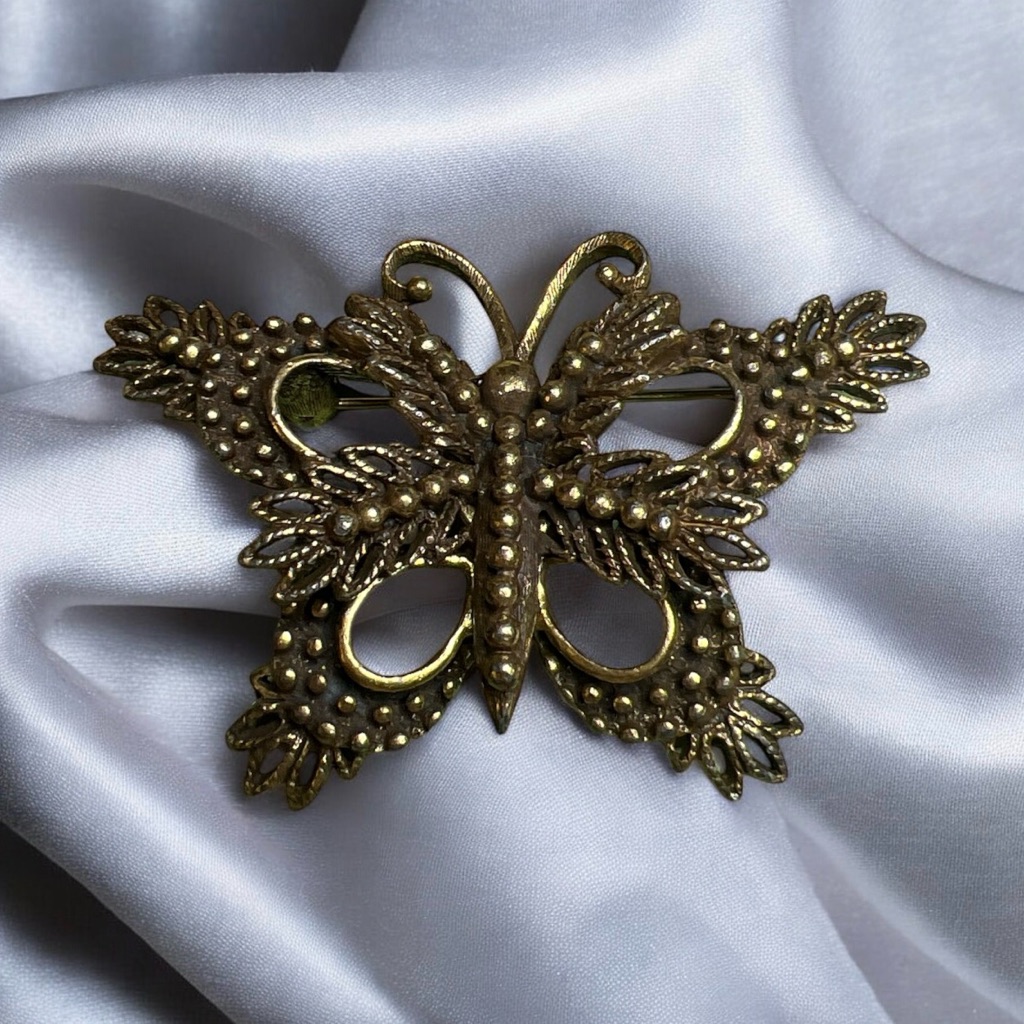 Vintage Signed Hedy Dark Gold Tone Filigree Butterfly Moth Brooch